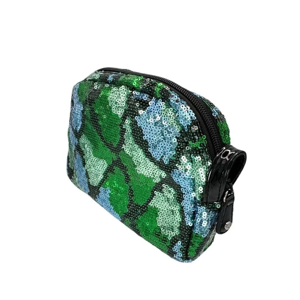 New Stephanie Johnson Makeup Cosmetic Bag Blue Green Sequin Zip Medium Size